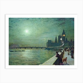 Reflections on the Thames Westminster 1880 Oil on Canvas by John Grimshaw - Remastered HD Fantastic Quality London Bridge Artwork | English British Painter Art Print