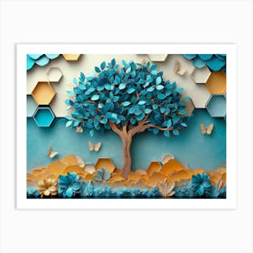 3d Tree in Turquoise and Blue Leaves with Colorful Hexagons Art Print