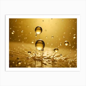 Close Up View Of A Golden Liquid With A Droplet In The Center, Creating A Splash With Smaller Droplets Art Print