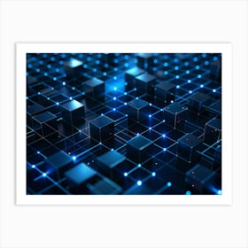 Black Cubes Interconnected By Glowing Blue Lines, Forming A Futuristic Network Grid In A Dark, Digital Space Art Print