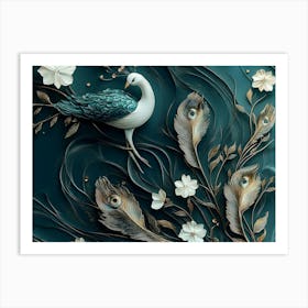 3d Modern Painting with Peacock. White, Dark Green and Golden Flowers with Feathers Art Print