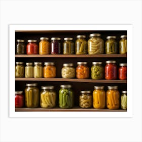 Jars Of Preserved Vegetables On Wooden Shelves In A Rustic Kitchen Art Print