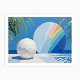 Tropical Scene With White Sphere, Palm Trees, And Rainbow Art Print