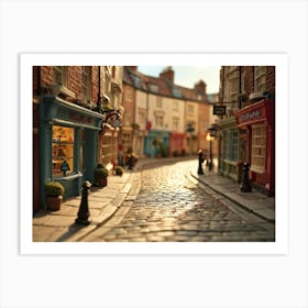 Uk Street Curving Gently Whimsical Claymation Style Buildings Lean Slightly As If Bending In The W Art Print