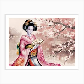 Japanese Geisha Sakura background Art Print