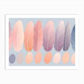 Set Of Ten Pastel Colored Feathers With Matching Color Eggs On A Light Blue Background Art Print