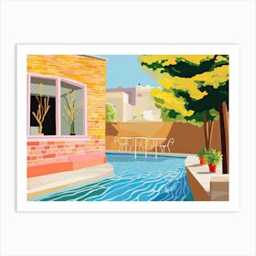 Summer London Patio, Outdoors With Pool And Trees, Hockney Style Art Print