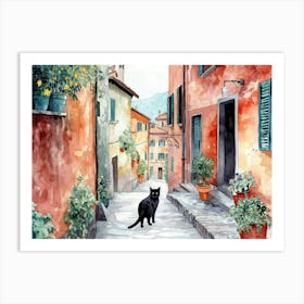 Black Cat In Como, Italy, Street Art Watercolour Painting 3 Art Print