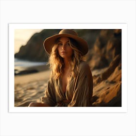 Girl With A Hat On The Beach Art Print