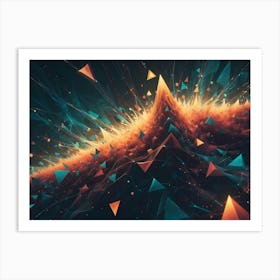 Abstract Background With A Fiery Explosion Of Particles, Geometric Shapes, And Interconnected Lines In A Dynamic Composition Art Print