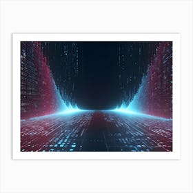 Abstract 3d Render Depicting A Futuristic Cityscape Lit By Glowing Red And Blue Data Streams That Form A Road Or Tunnel Leading To The Unknown Art Print