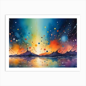 An Abstract Watercolor Painting Depicting A Vibrant Sunset Over Mountains Reflected In Water, With Colorful Splashes And Splatters Adding A Sense Of Joy And Celebration Art Print