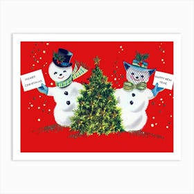 Marry Christmas And A Happy New Year From A Snowman Couple Art Print