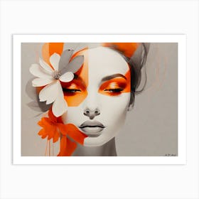 Orange / White / Greyscale Contrast Painting - Beauty with Flowers and matching Make-Up Art Print