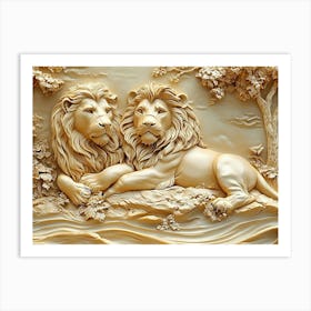 Beautiful 3d Marble Lions Art Print