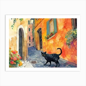 Black Cat In Rome, Italy, Street Art Watercolour Painting 2 Art Print