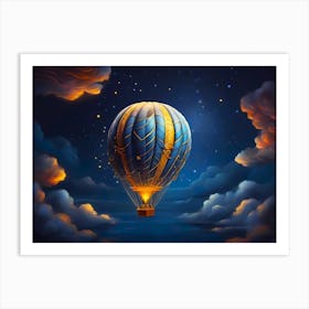 A Beautiful Old Blaoon Gliding Trough The Clouds Over The Ocean By Night - Color Painting Art Print