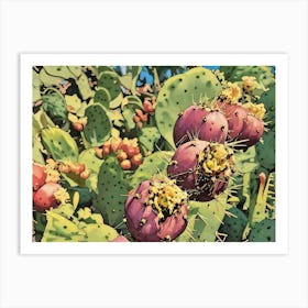 Blooming Prickly Pear Cactus. A vibrant depiction of prickly pear cacti with ripe magenta fruit and yellow flowers under a bright blue sky. The lush green pads and sharp spines add a dynamic texture to the scene. Art Print