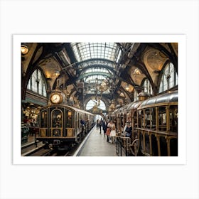 Steampunk Train Dominates Victoria Station London With Riveted Iron Plates And Brass Pipes Gleamin Art Print