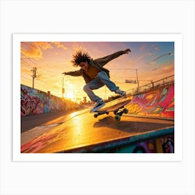 Street Style Teenage Skater Exuding A Vibe Of Infectious Cheerfulness Mid Kickflip Over A Graffiti Art Print