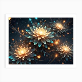 Three Glowing, Translucent Flowers In Shades Of Gold And Teal Bloom Against A Dark Background With Shimmering Particles Art Print