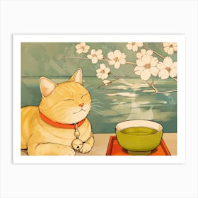 Yellow Cat, Green Tea And Sakura Art Print