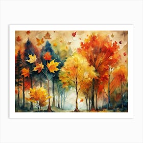 Watercolor Painting Of Autumn Forest With Falling Leaves Art Print