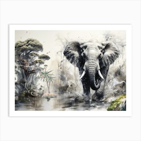 Elephants In The Jungle. Black, brown, grey, green pastel. Animal print. Livingroom print art Art Print