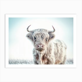 Highland Cow Snowy Field Blue Sky Nature Photography Art Print