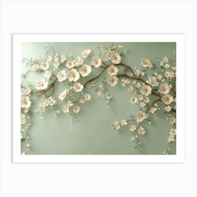 3d Floral Featuring A Light Green Background With Flower Branches Art Print