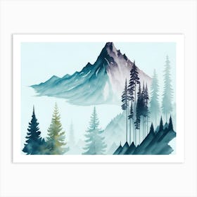 Mountain And Forest In Minimalist Watercolor Horizontal Composition 327 Art Print