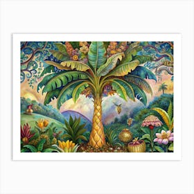 Banana Tree With Colorful Flowers In A Lush Garden Art Print