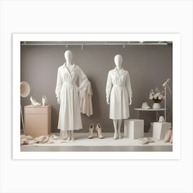 A Fashion Studio With Two Mannequins Dressed In White Dresses And Surrounded By Various Accessories, Such As Shoes, Bags, And Lamps 1 Art Print