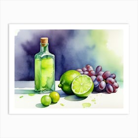 Lime and Grape near a bottle watercolor painting 17 Art Print