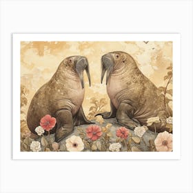 Floral Animal Illustration Walrus 1 Art Print