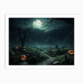 Art Landscape Pumpkin Holiday Design Halloween Fear Moon Skittish Green Grave Dark Scene (34) Art Print