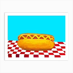 Hot Dog With Mustard on Red Check Blue Art Print