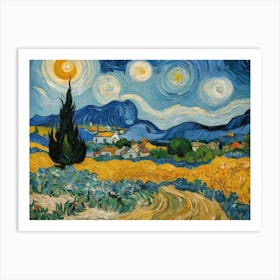 Landscape Painting Of A Farm With A Starry Night Art Print