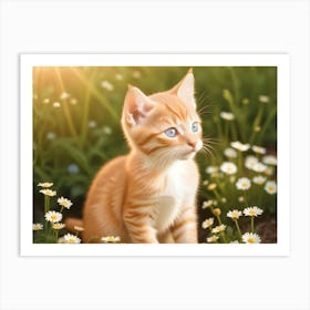 An Adorable Ginger Kitten With Bright Blue Eyes Sits In A Field Of Daisies, Illuminated By Sunlight Art Print