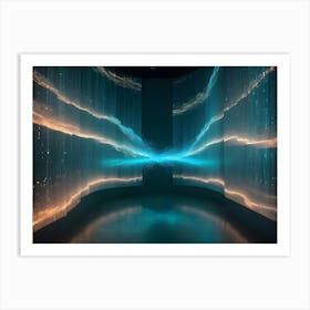 An Empty, Futuristic Room With A Curved Screen Displaying A Dynamic, Blue Data Stream Art Print