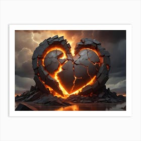 A Large, Cracked Heart Made Of Stone Is Illuminated From Within, Creating A Fiery Glow Art Print