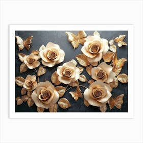 Gold Roses With Butterflies Art Print