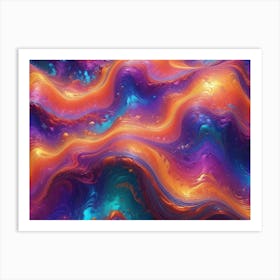 Abstract Flowing Waves Of Vibrant Colors, With Hues Of Orange, Purple, Teal, And Blue Blending Seamlessly, Resembling A Psychedelic Landscape, A Liquid Metal Surface, Or A Swirling Galaxy Art Print