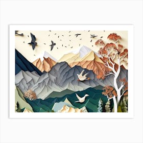 Paper Art Mountains Landscape Art Print