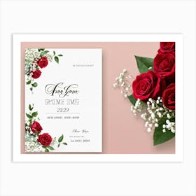 Bouquet Of Deep Red Roses Intertwined With Delicate Babys Breath And Lush Greenery Set Against A Art Print