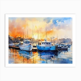 Watercolor Of Boats At Sunset Art Print