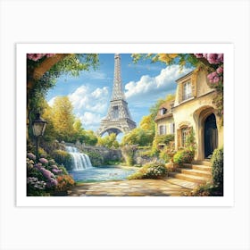 Beautiful View of The Eiffel Tower with Access to the Garden with Old Houses Flowers Art Print