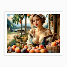 A Beautiful And Alluring Blonde In Low Cut Dress With Ample Cleavage Leans Over Her Peaches | Sexy, Alluring Farm Girl Art Print