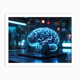 Cybernetic Brain Computer Interface Glowing With Neon Circuitry Entwined With Holographic Digital S (1) Art Print