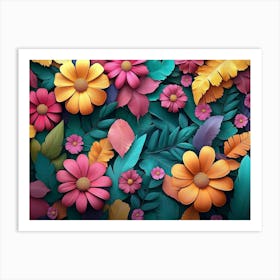 A Vibrant 3d Colorful Flowers and Leaves with A Floral Art Print